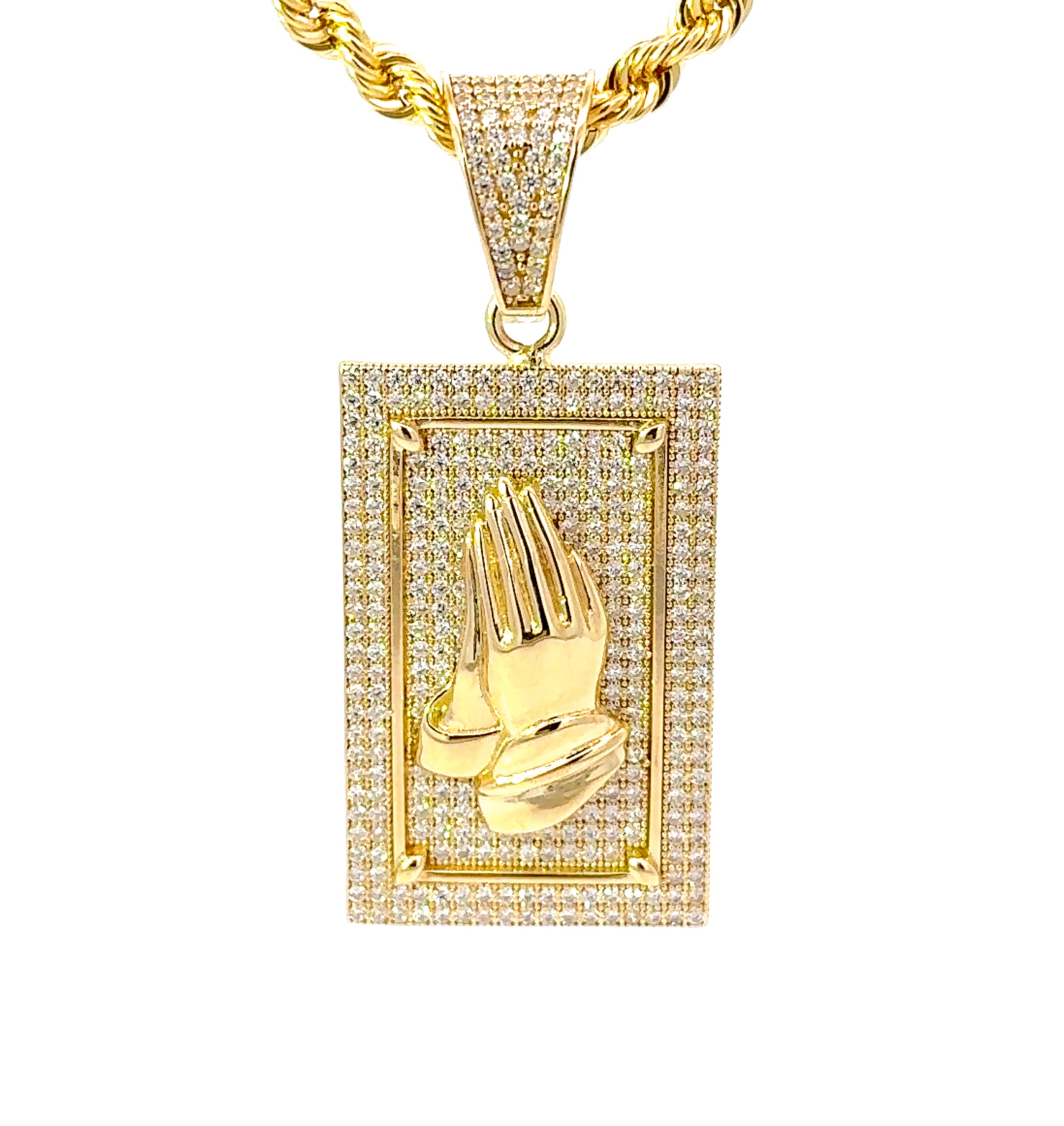 9K Solid Yellow Gold Plain Praying Hands In Iced Out Frame